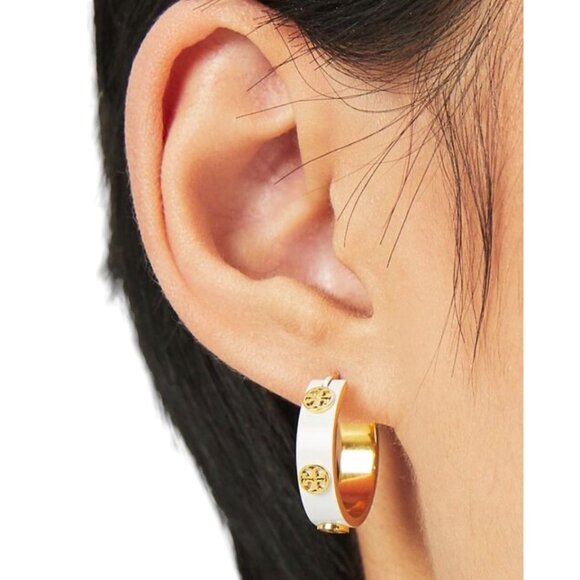 💎 TORY BURCH GOLD BLACK ENAMEL AND GOLD MILLER HOOPS - Picture 3 of 3